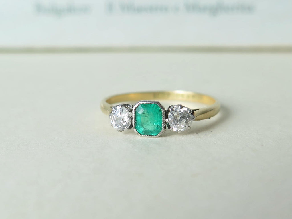 Antique Art Deco Emerald and Diamond Trilogy Ring, 18k Gold Platinum