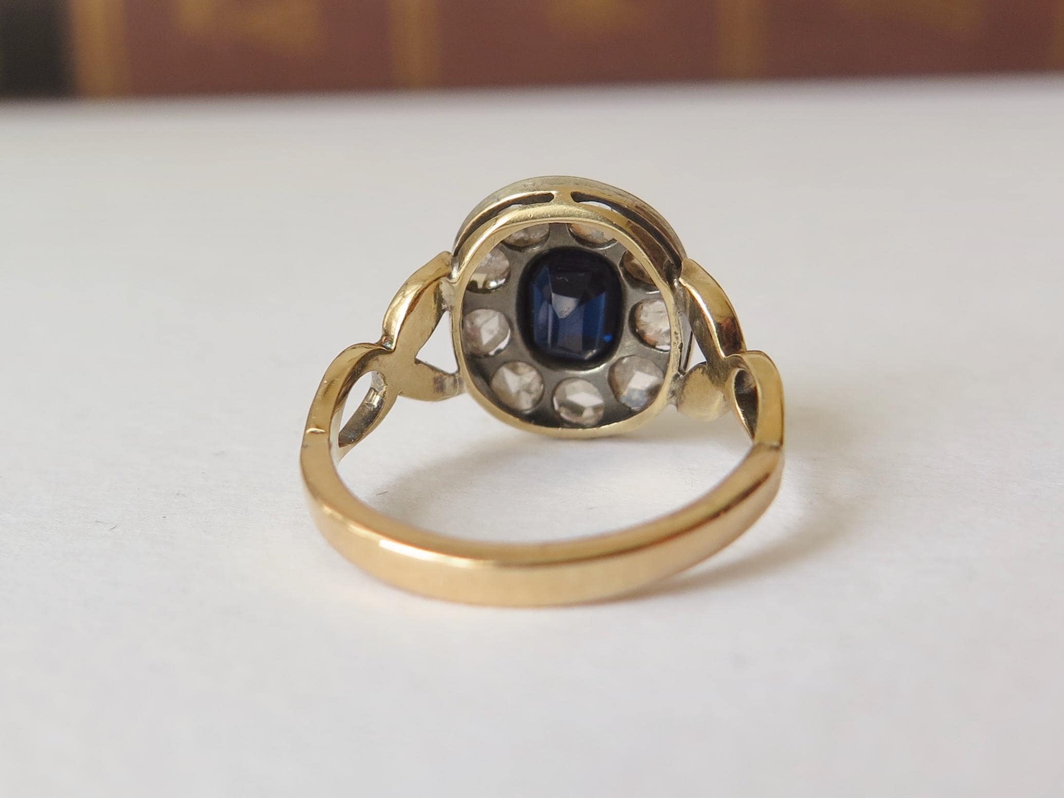 Edwardian Sapphire Diamond Cluster Ring: 14k Gold, Rose-Cut Diamonds, US Size 6