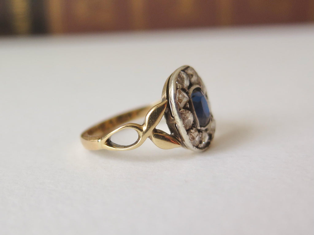 Edwardian Sapphire Diamond Cluster Ring: 14k Gold, Rose-Cut Diamonds, US Size 6