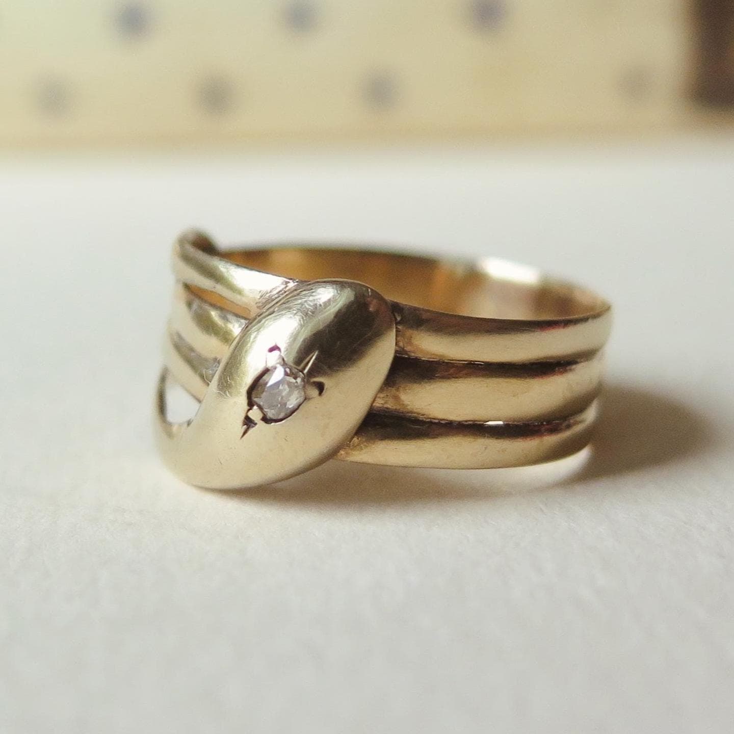 Antique 9k Gold Snake Ring: Victorian Peruzzi Diamond Serpent, Size 10.5
