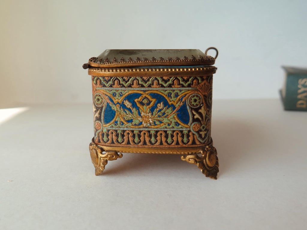 Antique Victorian Jewelry Box, Tufted Silk Lining, Beveled Glass Lid, Brass Jewelry Casket