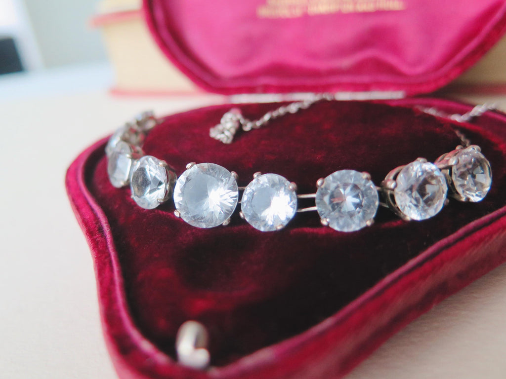 Antique Art Deco Silver Riviere Choker Necklace with Clear White Stones