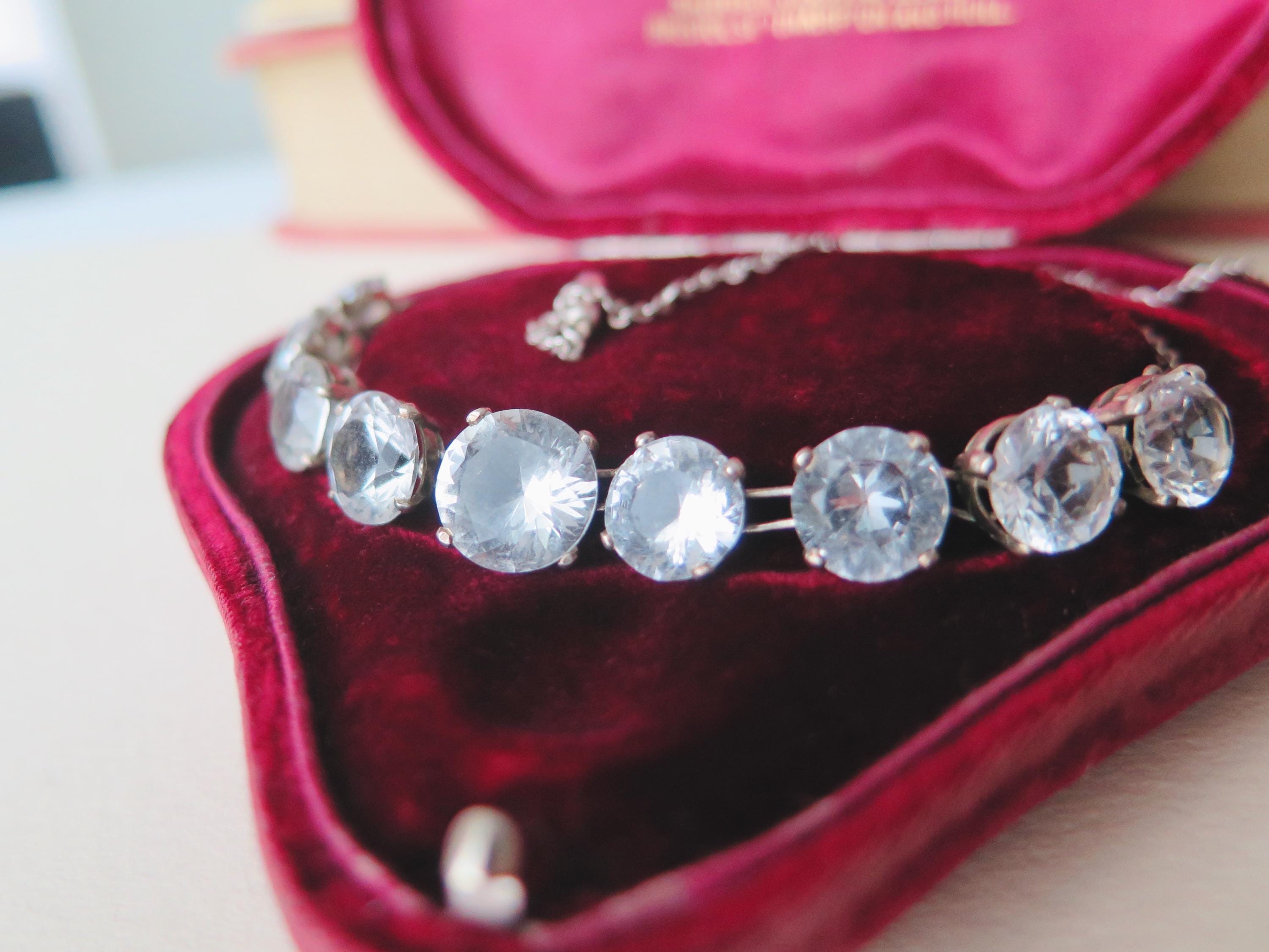 Antique Art Deco Silver Riviere Choker Necklace with Clear White Stones