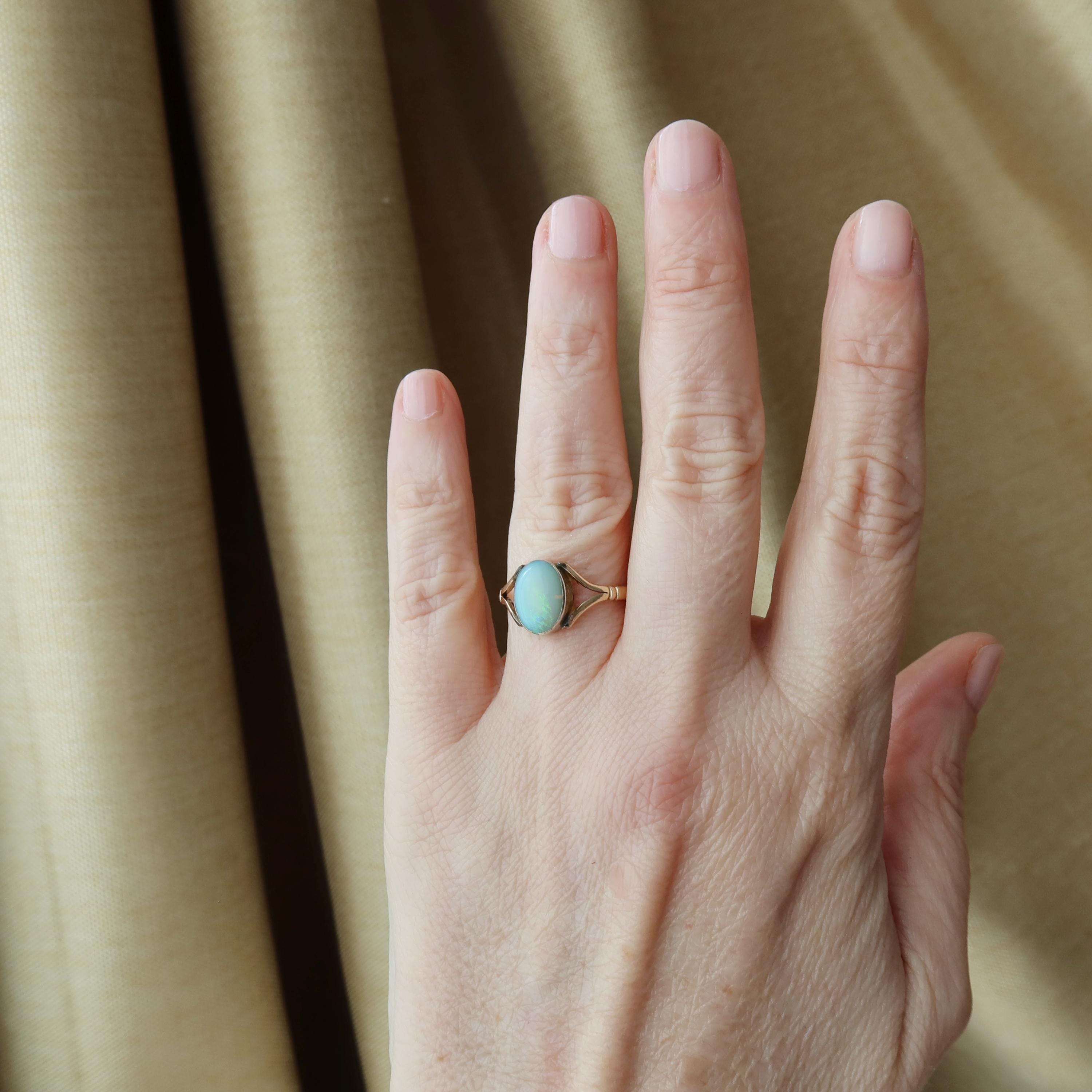 Antique Edwardian 9k Gold Natural Opal Ring, Oval Cabochon Opal