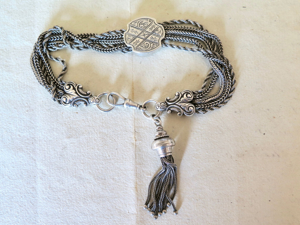 Victorian Albertina Bracelet: Enamel Boat, Silver Foxtail Tassel Chain