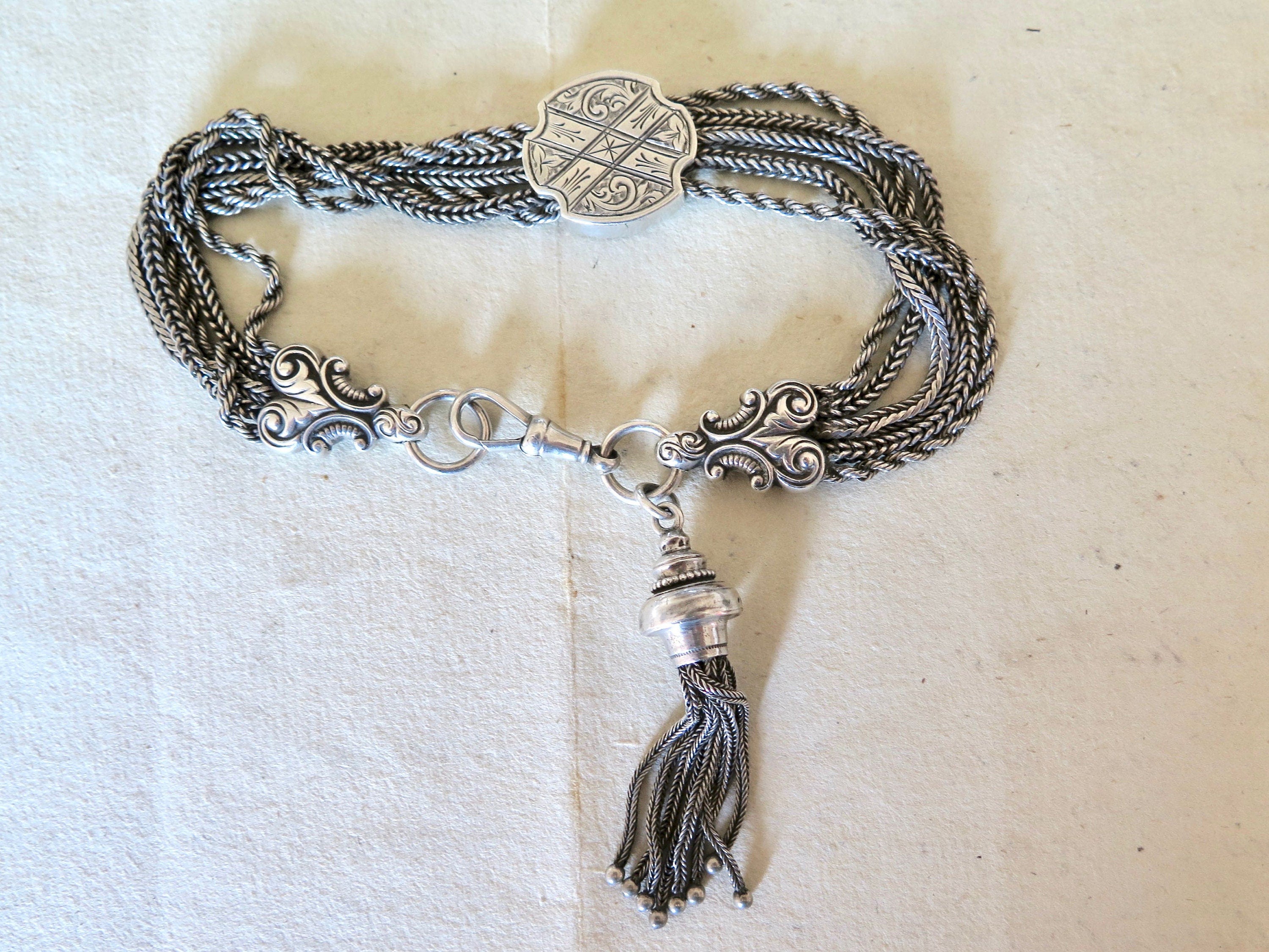 Victorian Albertina Bracelet: Enamel Boat, Silver Foxtail Tassel Chain