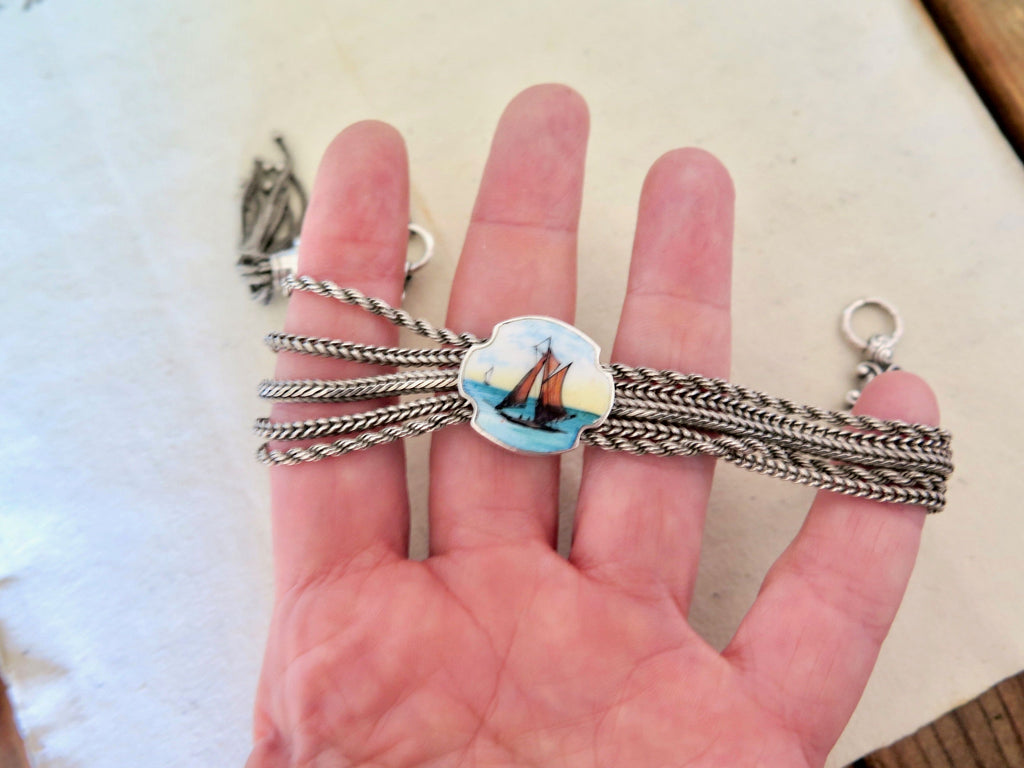Victorian Albertina Bracelet: Enamel Boat, Silver Foxtail Tassel Chain