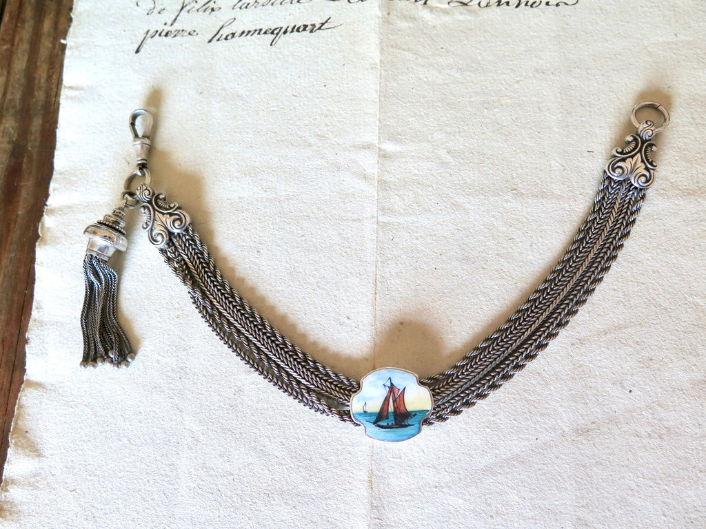 Victorian Albertina Bracelet: Enamel Boat, Silver Foxtail Tassel Chain