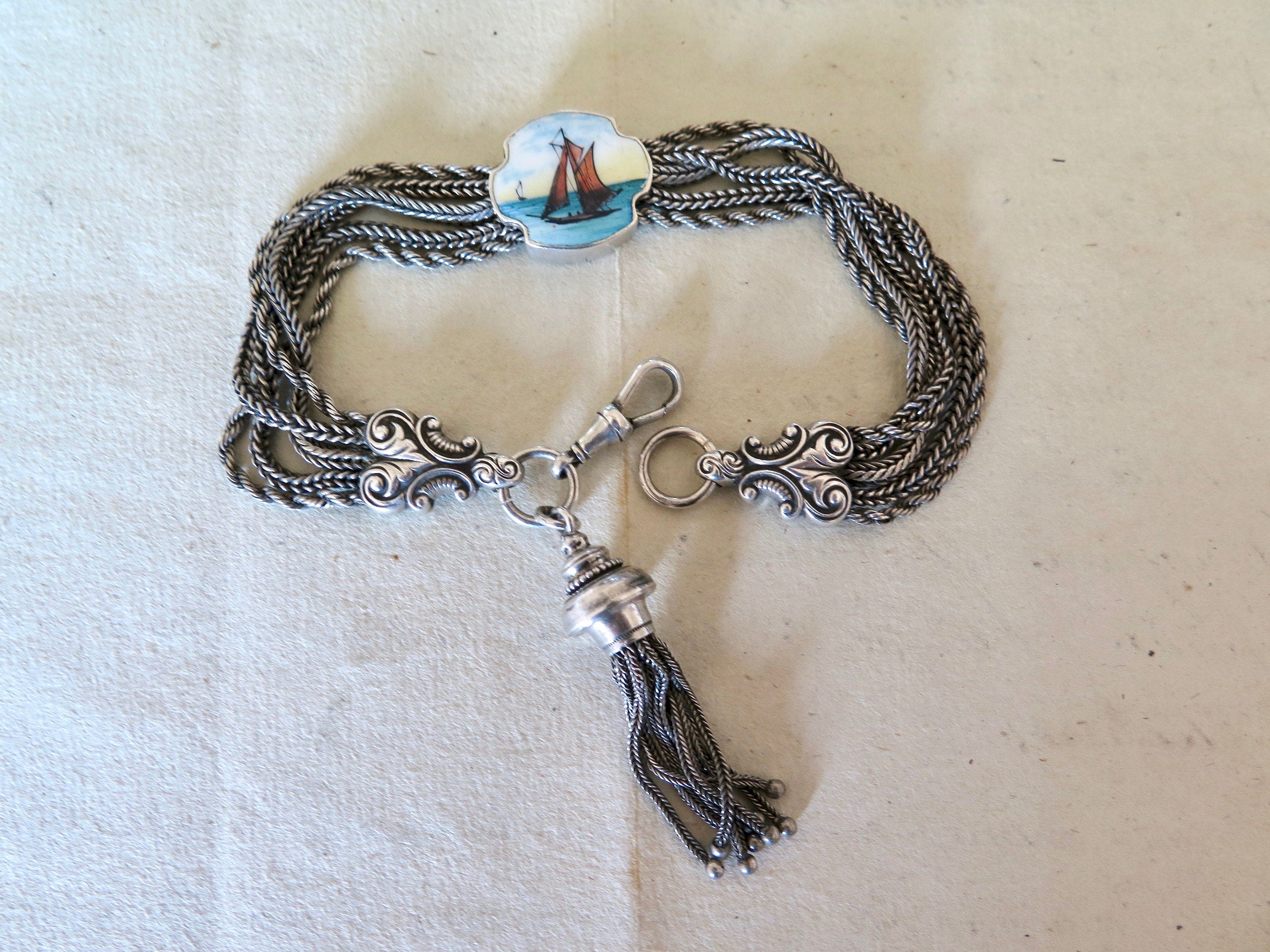 Victorian Albertina Bracelet: Enamel Boat, Silver Foxtail Tassel Chain
