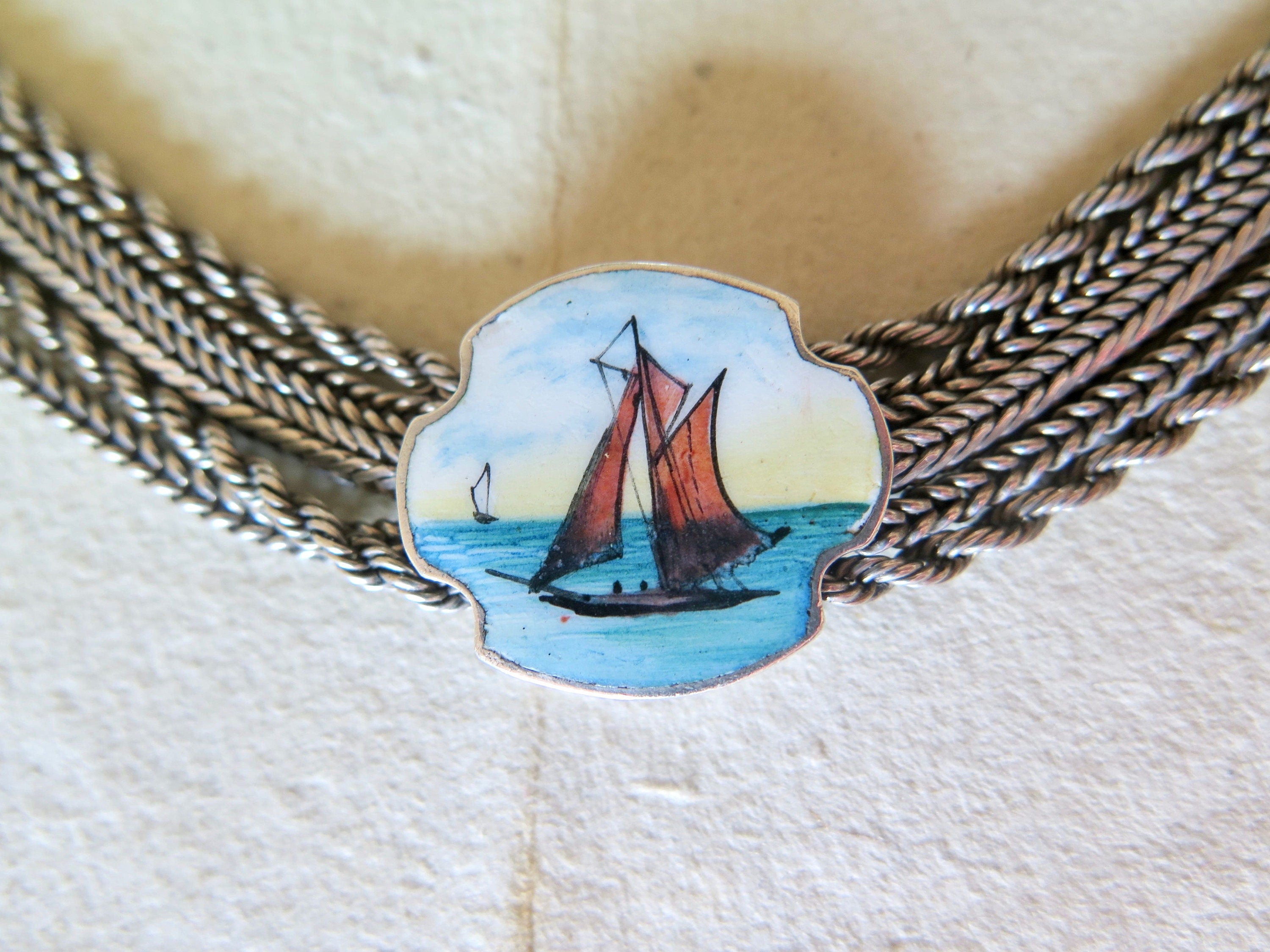 Victorian Albertina Bracelet: Enamel Boat, Silver Foxtail Tassel Chain