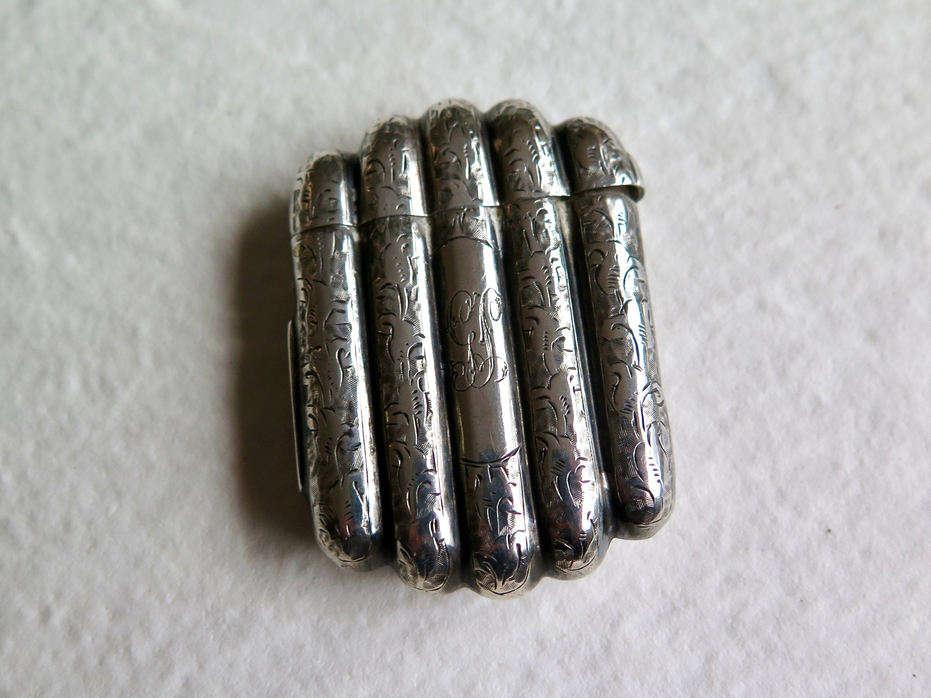 Antique Engraved Silver Vesta Case, Engraved Match Striker, Initials GL