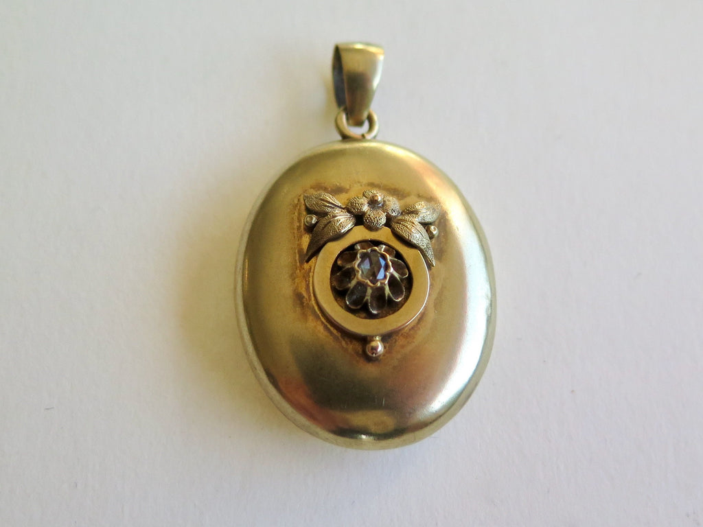 Antique 14k Gold Puffy Locket with Rose Cut Diamond and Applied Flowers in Relief