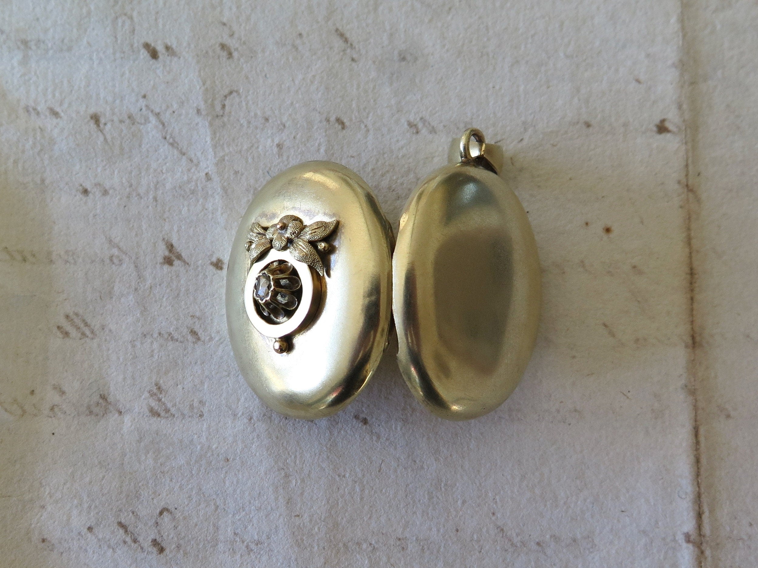 Antique 14k Gold Puffy Locket with Rose Cut Diamond and Applied Flowers in Relief