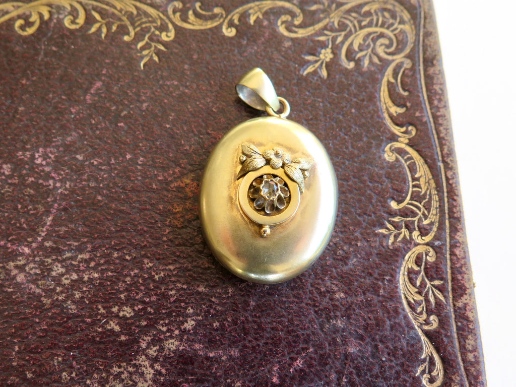 Antique 14k Gold Puffy Locket with Rose Cut Diamond and Applied Flowers in Relief