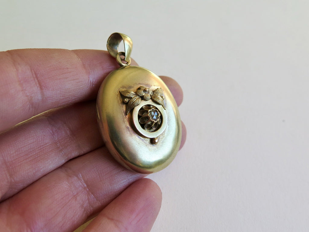 Antique 14k Gold Puffy Locket with Rose Cut Diamond and Applied Flowers in Relief