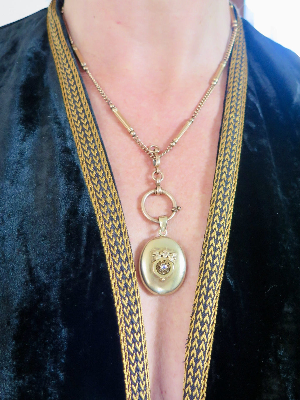 Antique 14k Gold Puffy Locket with Rose Cut Diamond and Applied Flowers in Relief