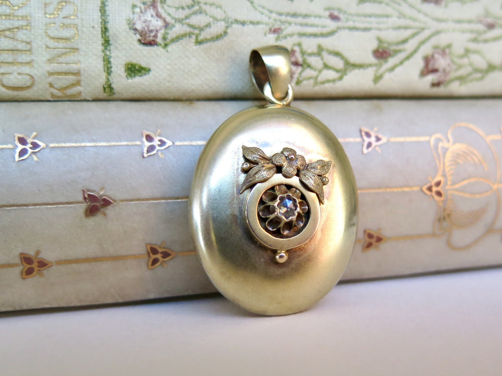 Antique 14k Gold Puffy Locket with Rose Cut Diamond and Applied Flowers in Relief