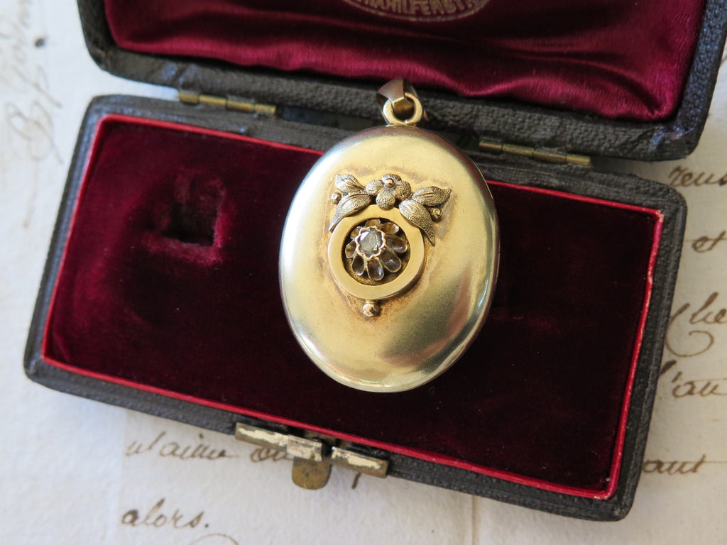 Antique 14k Gold Puffy Locket with Rose Cut Diamond and Applied Flowers in Relief