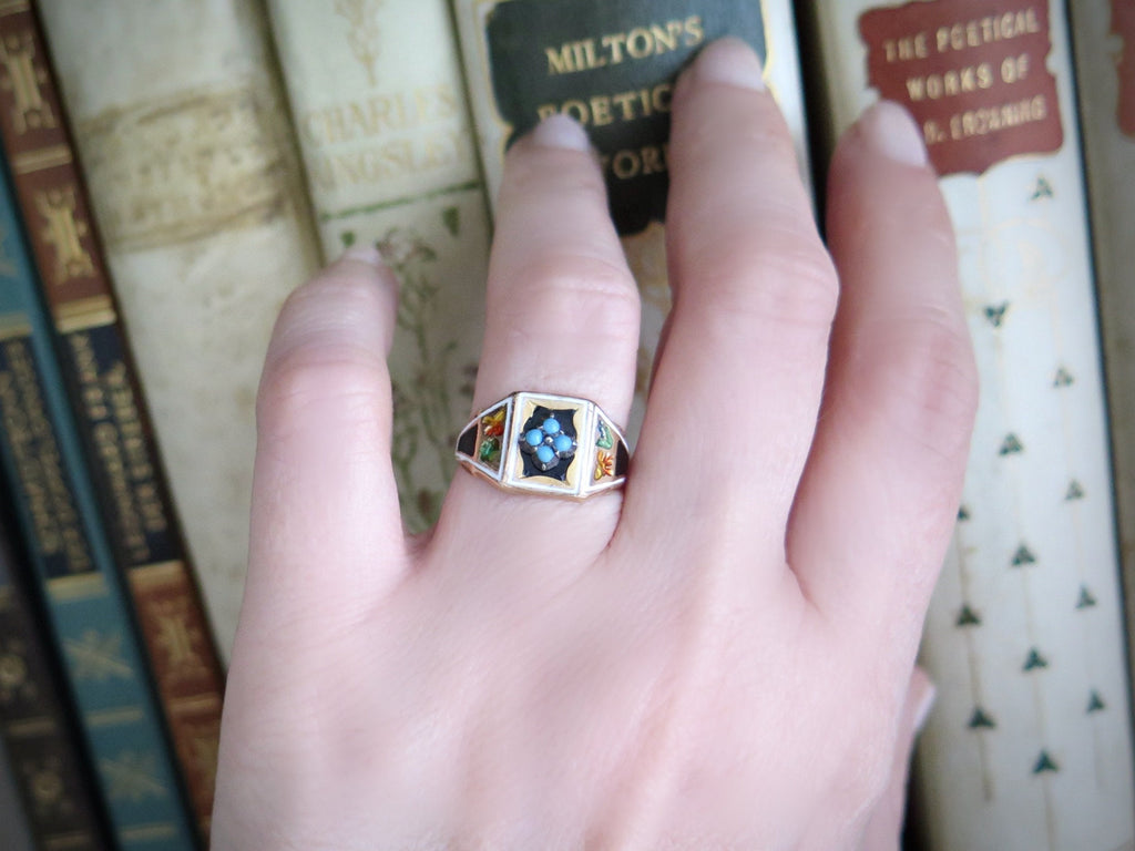 Antique Victorian 18k Gold Turquoise Enameled Ring, Size 6