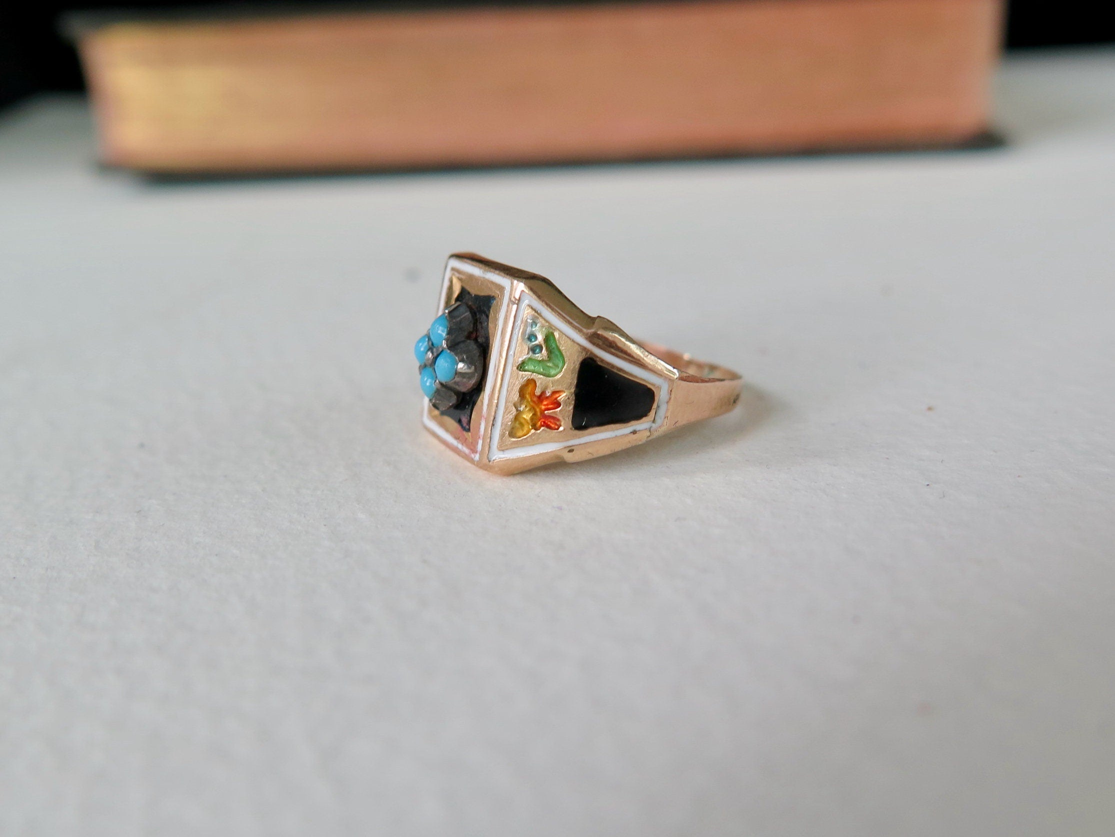 Antique Victorian 18k Gold Turquoise Enameled Ring, Size 6