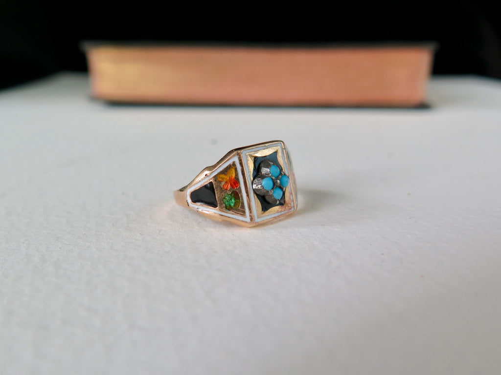 Antique Victorian 18k Gold Turquoise Enameled Ring, Size 6