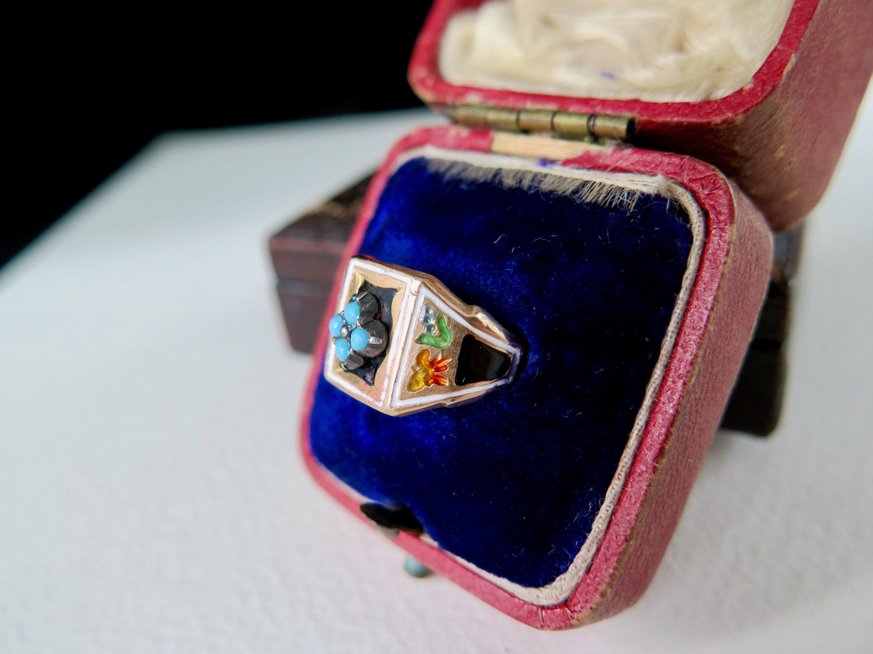 Antique Victorian 18k Gold Turquoise Enameled Ring, Size 6