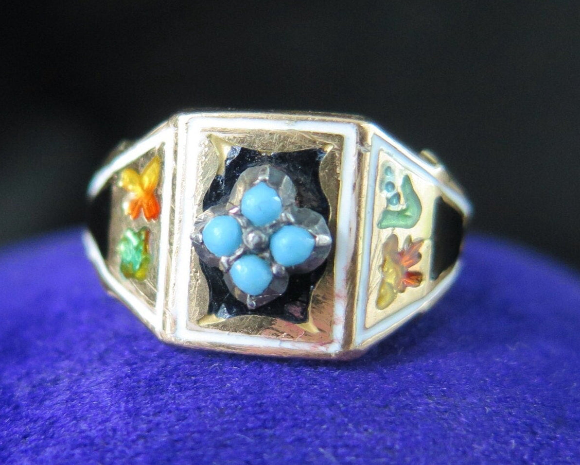Antique Victorian 18k Gold Turquoise Enameled Ring, Size 6