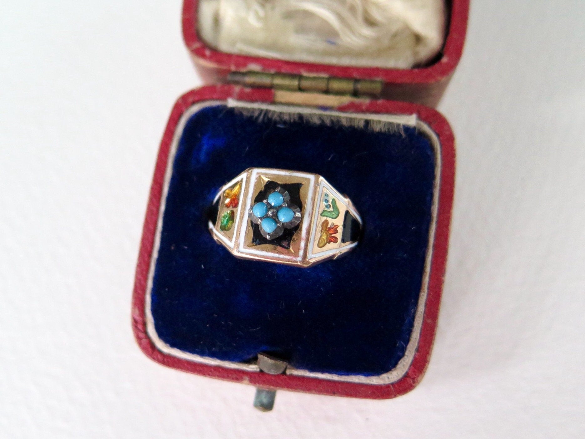Antique Victorian 18k Gold Turquoise Enameled Ring, Size 6