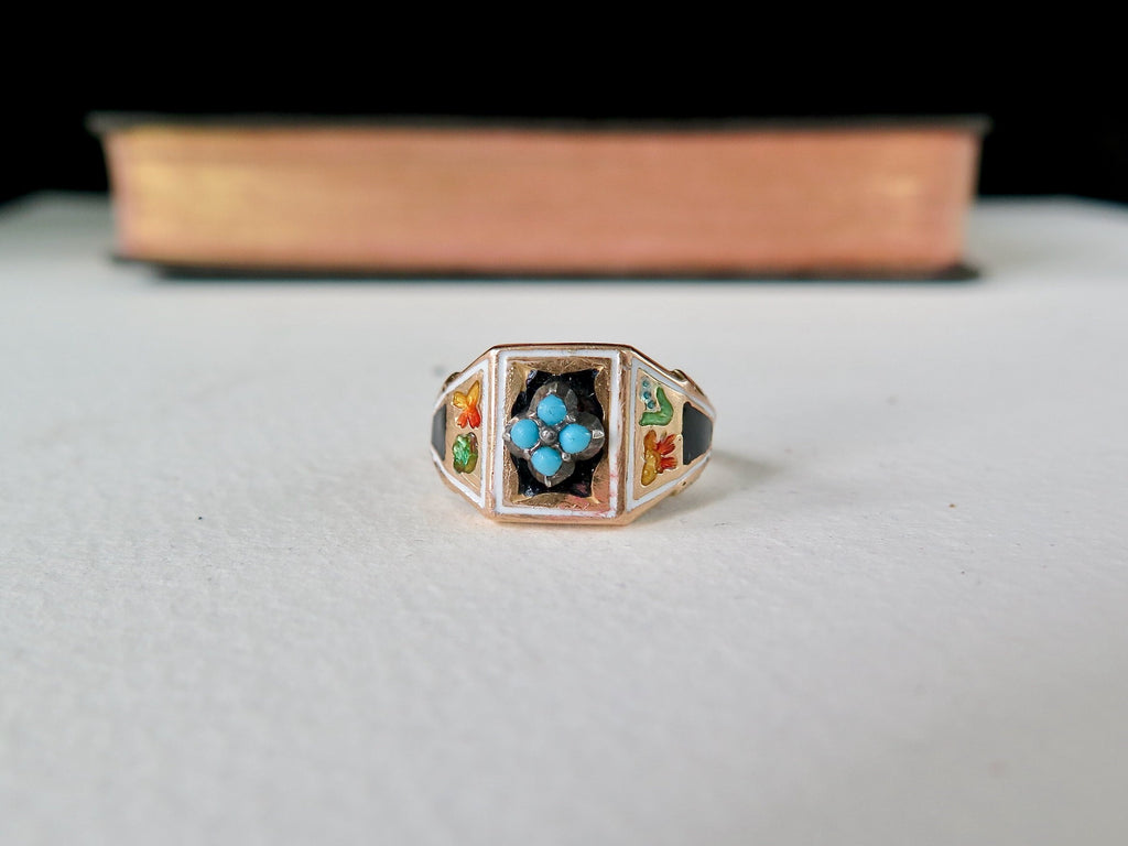 Antique Victorian 18k Gold Turquoise Enameled Ring, Size 6