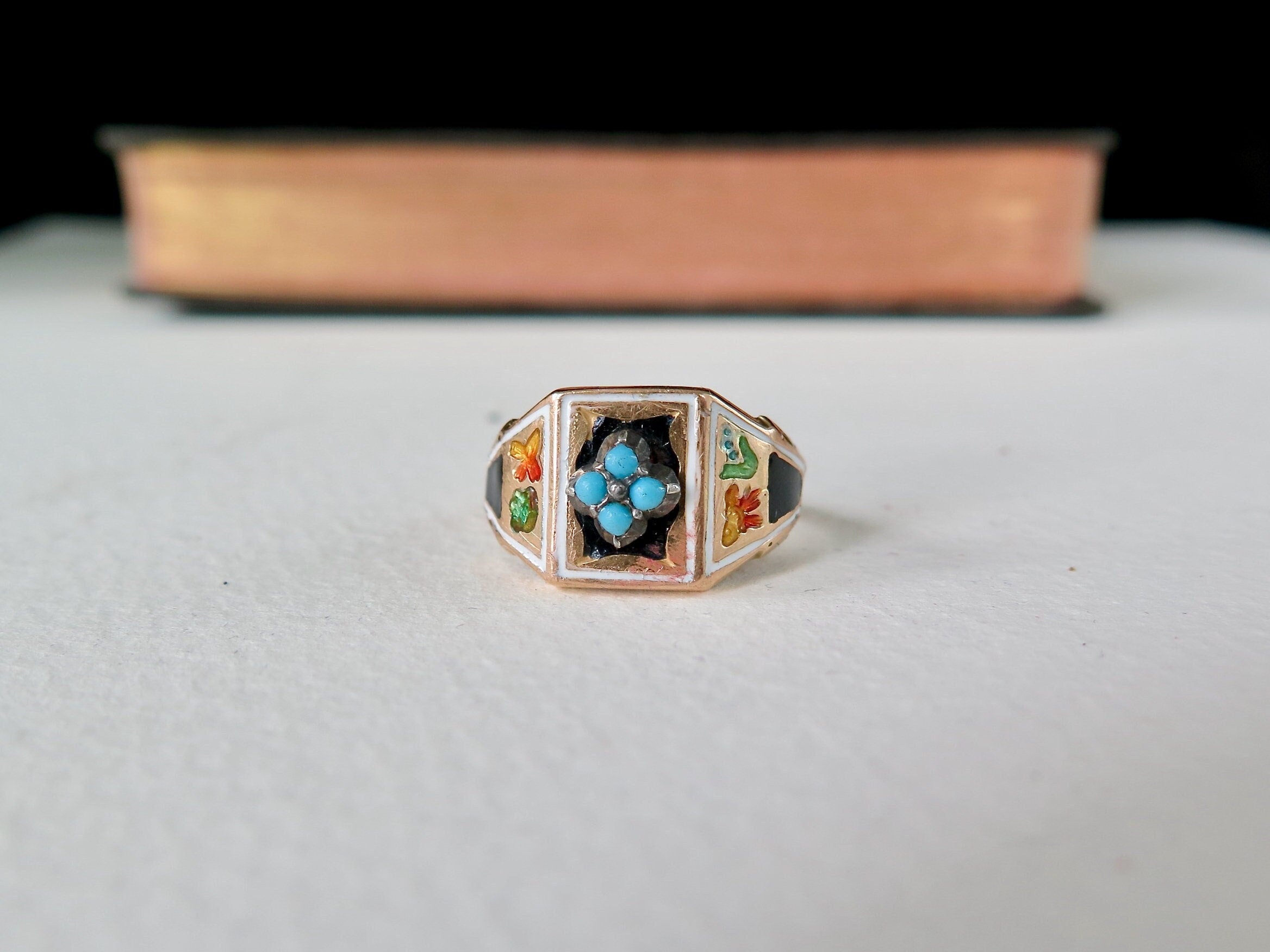 Antique Victorian 18k Gold Turquoise Enameled Ring, Size 6