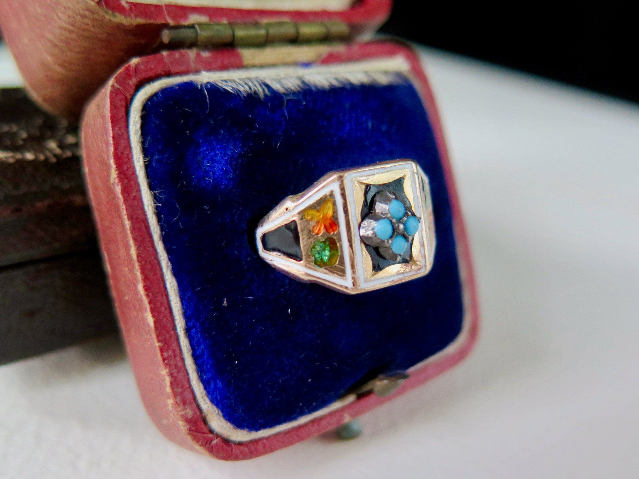 Antique Victorian 18k Gold Turquoise Enameled Ring, Size 6
