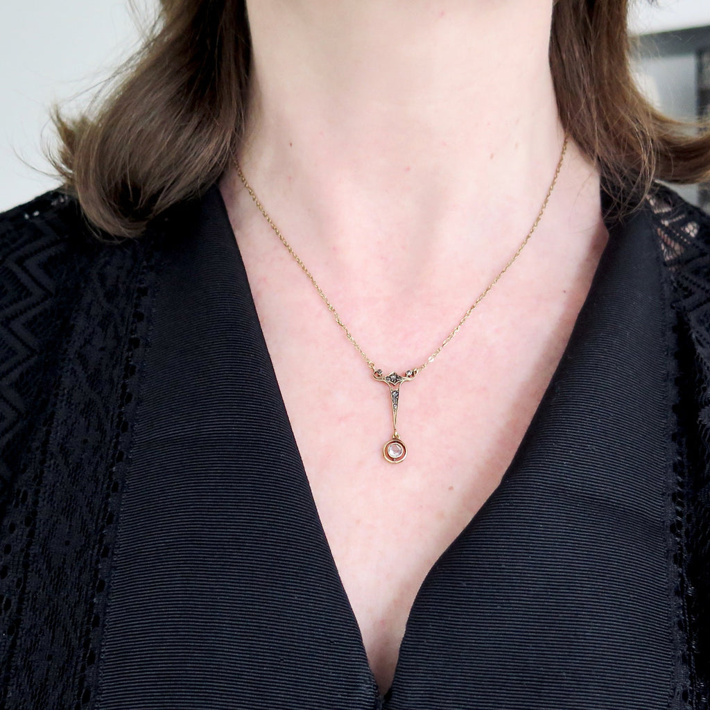 Antique Art Deco Diamond Necklace, 14k Gold, Rose-cut Diamonds, Early 1900s