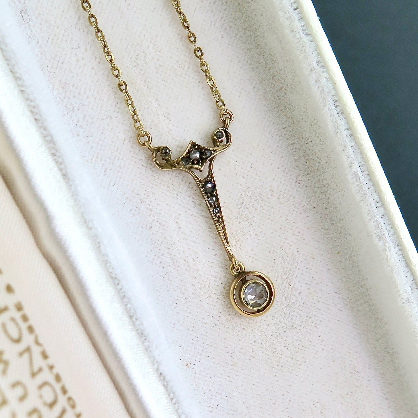 Antique Art Deco Diamond Necklace, 14k Gold, Rose-cut Diamonds, Early 1900s
