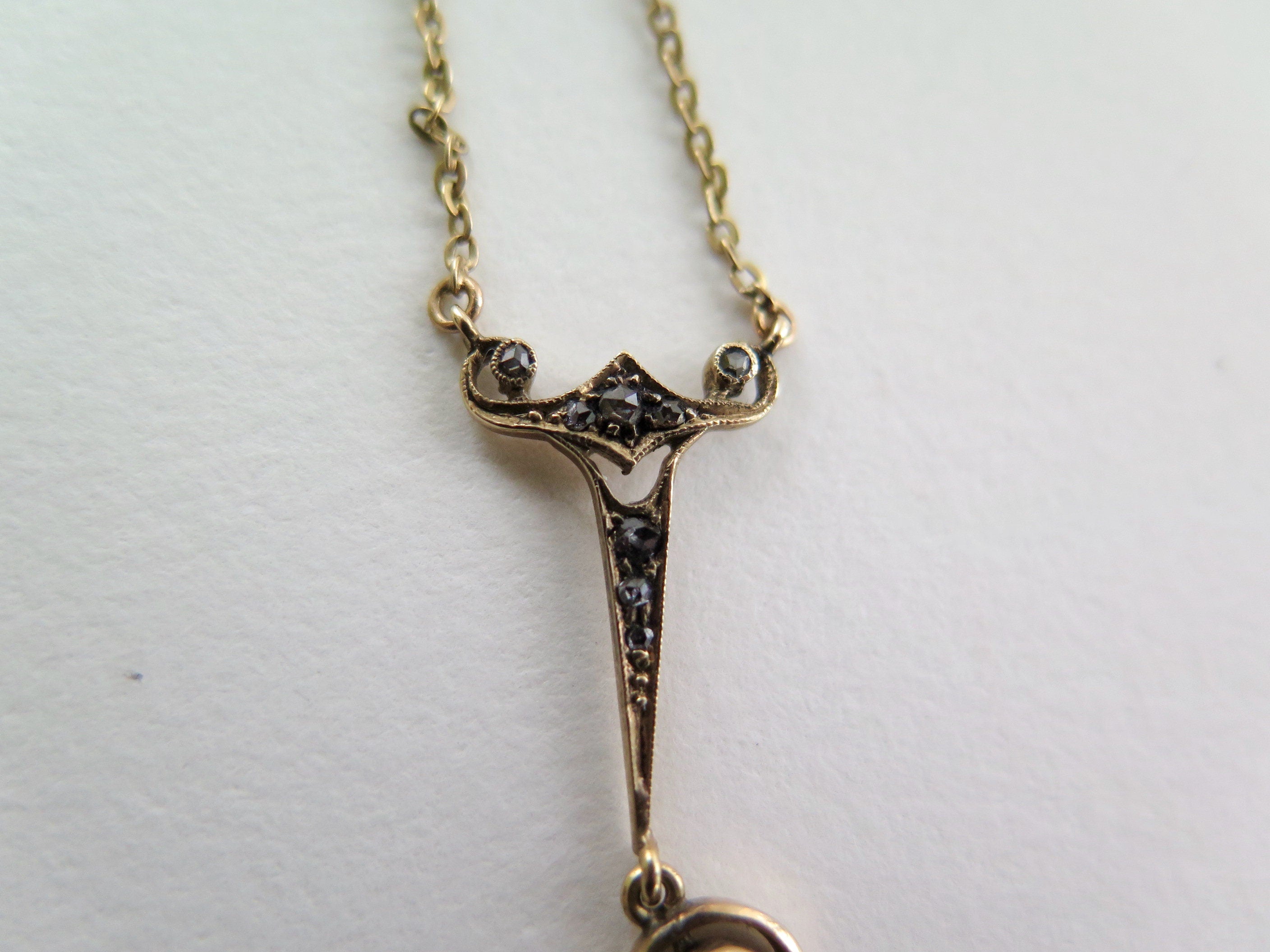 Antique Art Deco Diamond Necklace, 14k Gold, Rose-cut Diamonds, Early 1900s