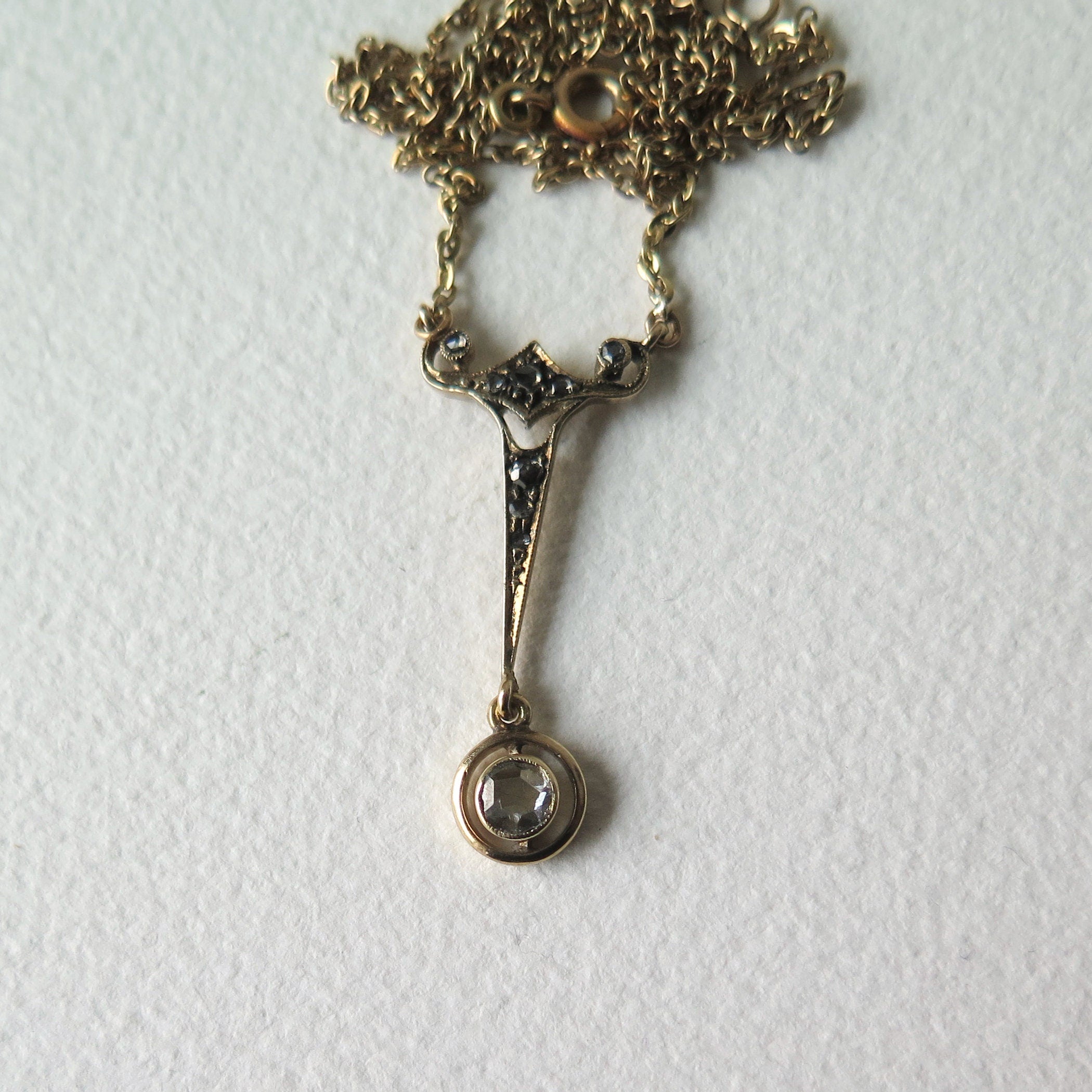 Antique Art Deco Diamond Necklace, 14k Gold, Rose-cut Diamonds, Early 1900s
