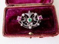 Antique Brooch, 18k Rose Gold Layered Openwork, Rubies, Rose-cut Diamonds and Emerald, early 1900s