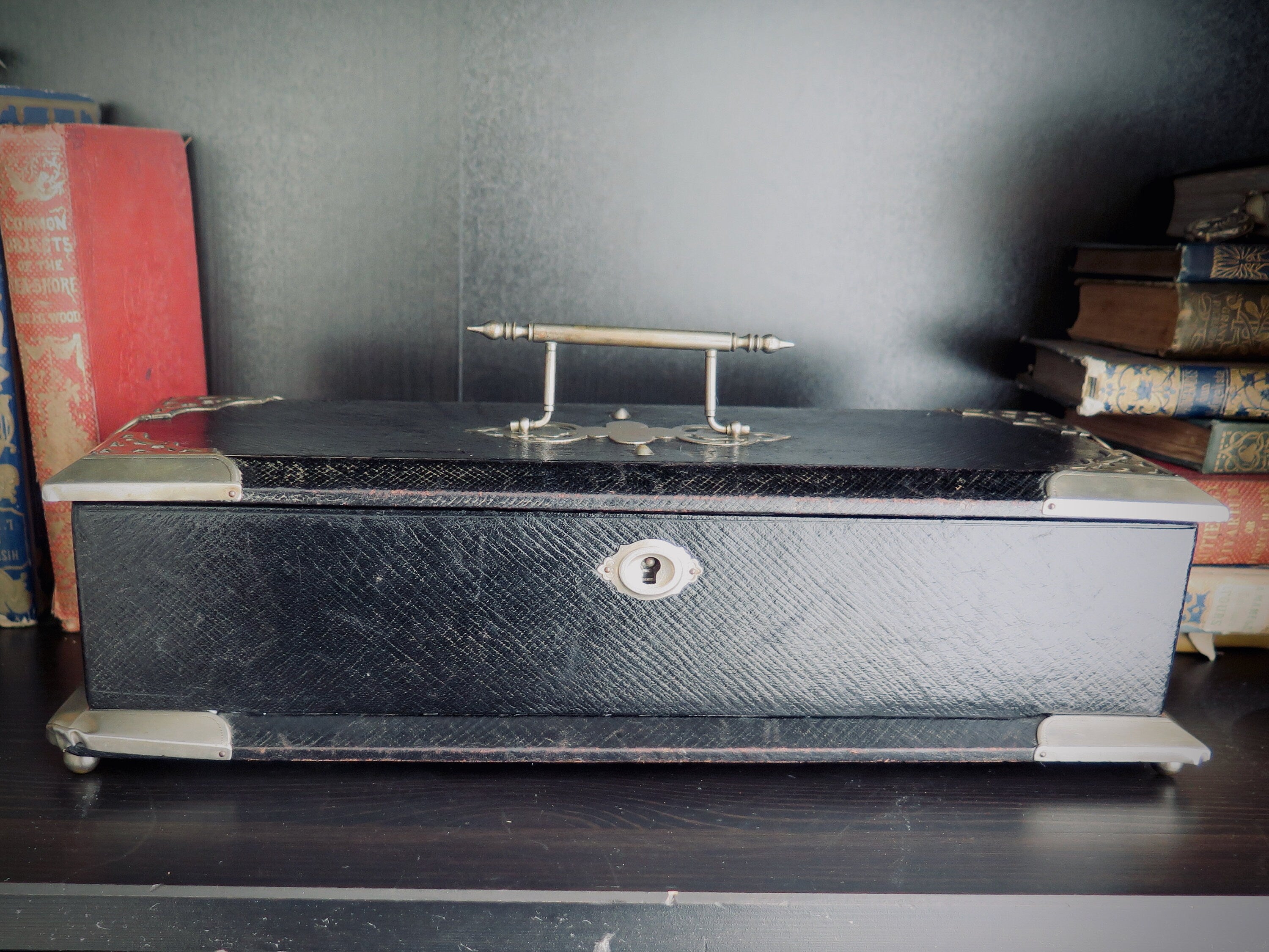 Antique Leather Box: Pink Tufted Silk Lining, Monogrammed Jewelry Storage