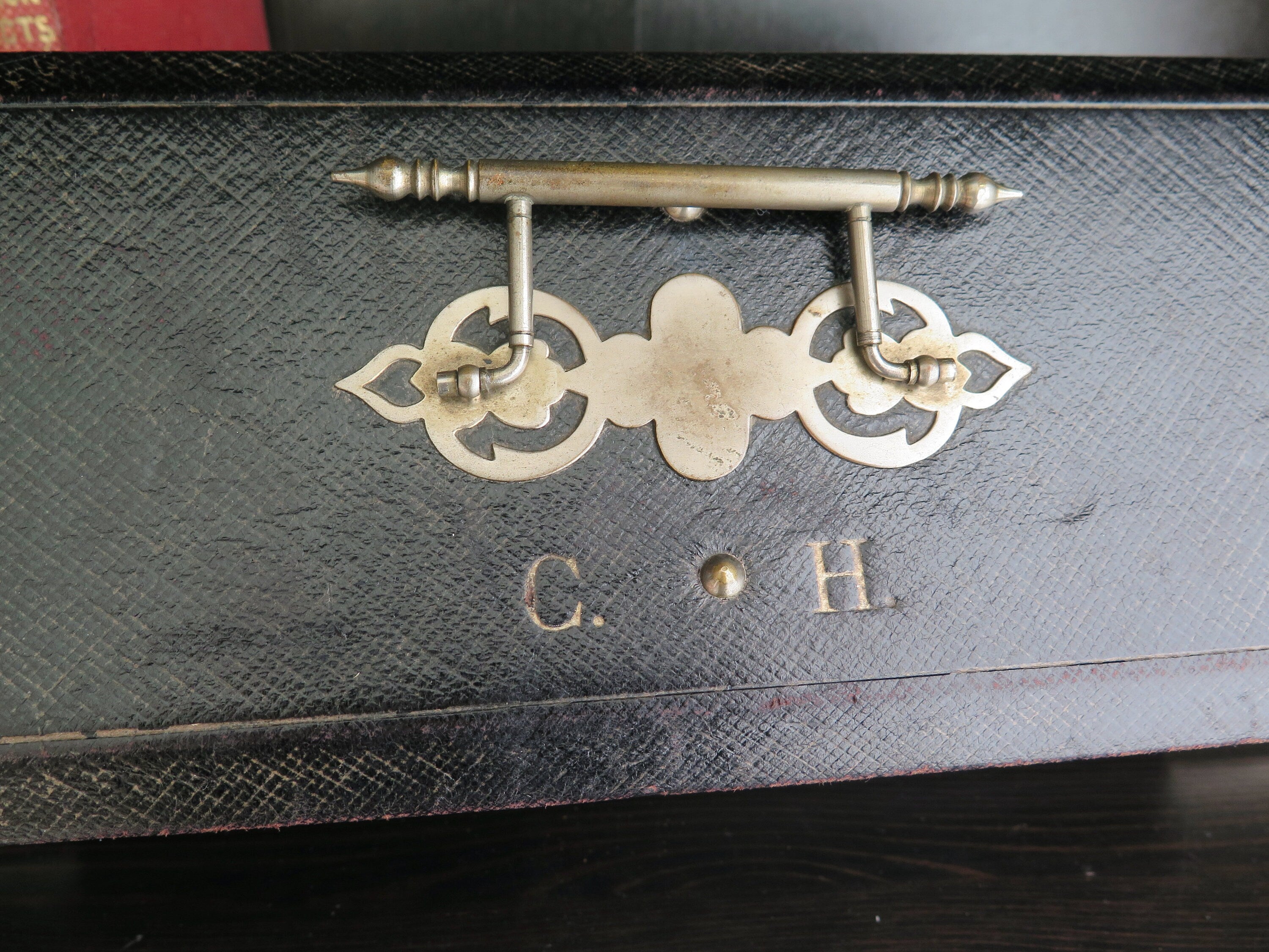 Antique Leather Box: Pink Tufted Silk Lining, Monogrammed Jewelry Storage
