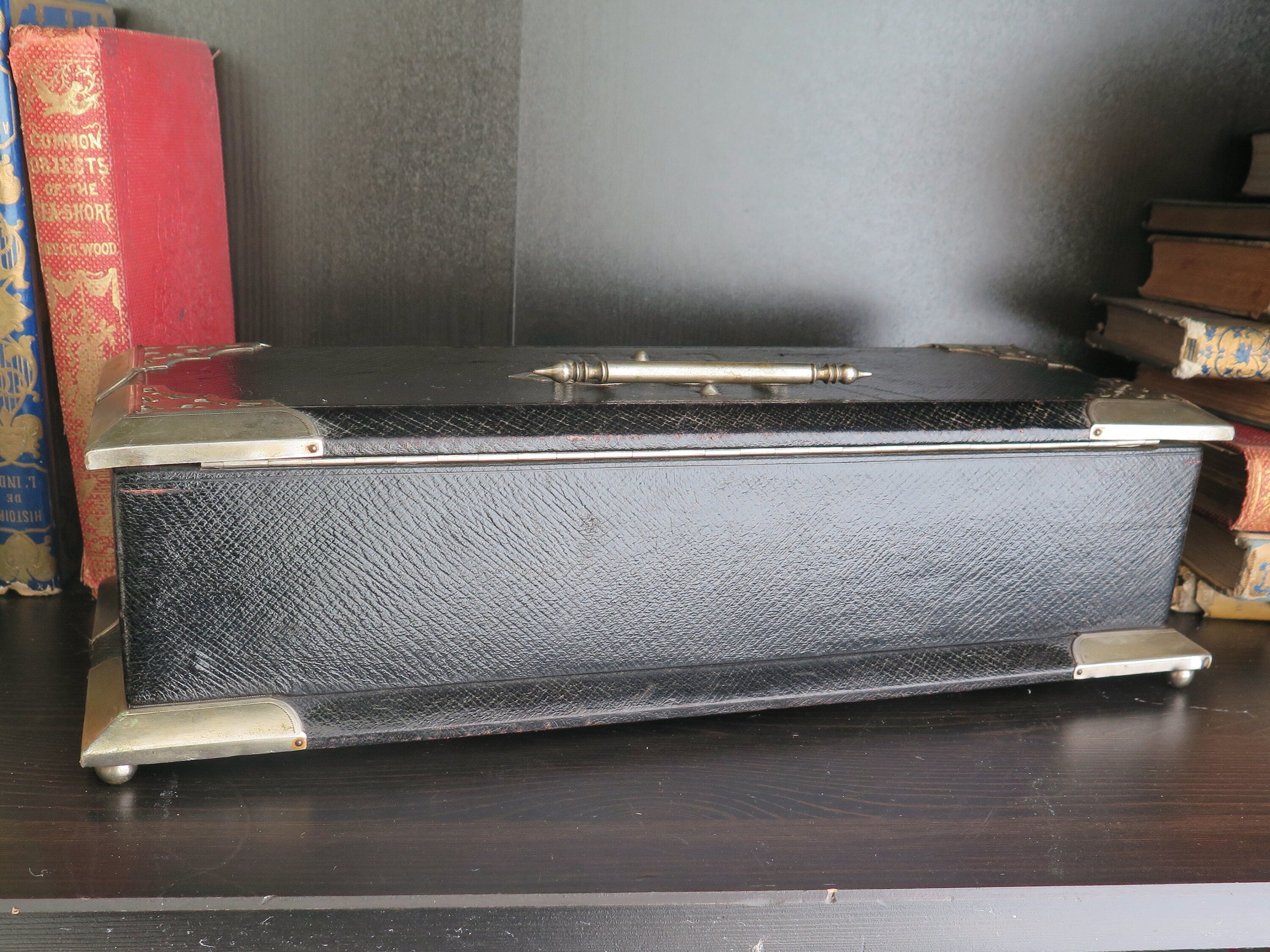 Antique Leather Box: Pink Tufted Silk Lining, Monogrammed Jewelry Storage