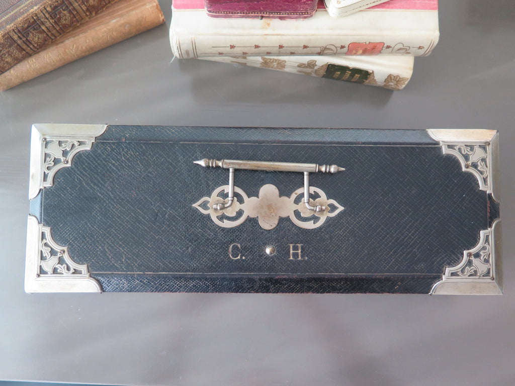Antique Leather Box: Pink Tufted Silk Lining, Monogrammed Jewelry Storage