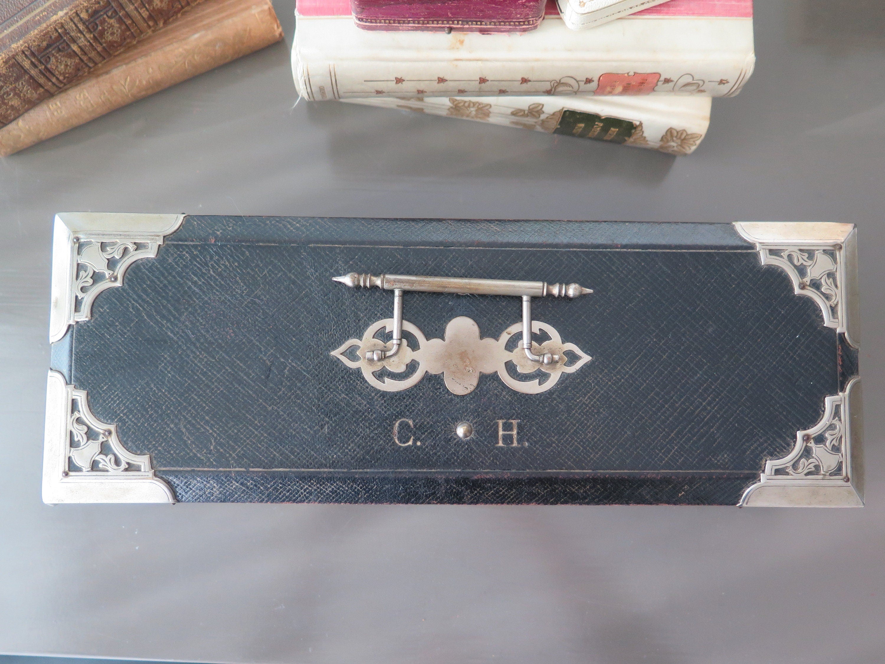Antique Leather Box: Pink Tufted Silk Lining, Monogrammed Jewelry Storage