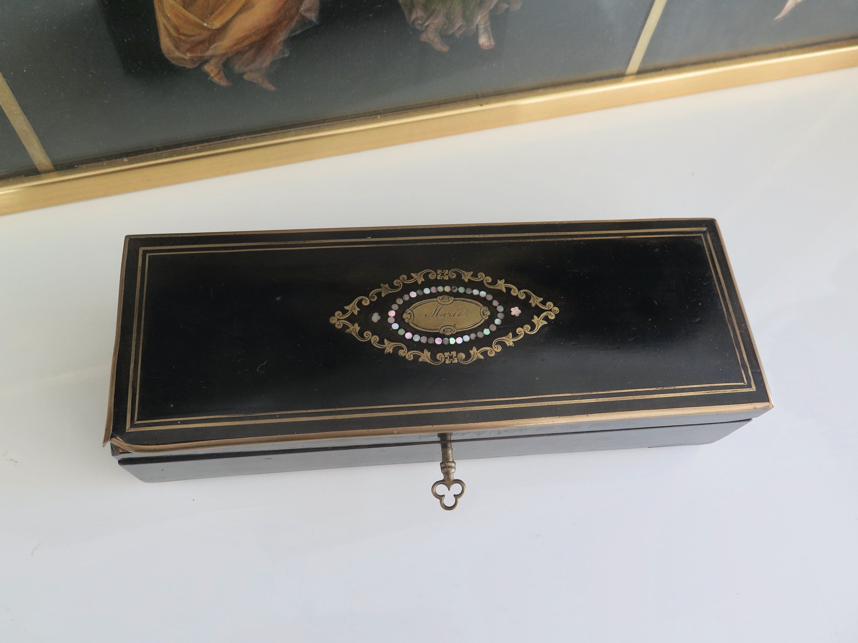Antique French Music Jewelry Box: Vervelle Audot, Mother of Pearl Inlay
