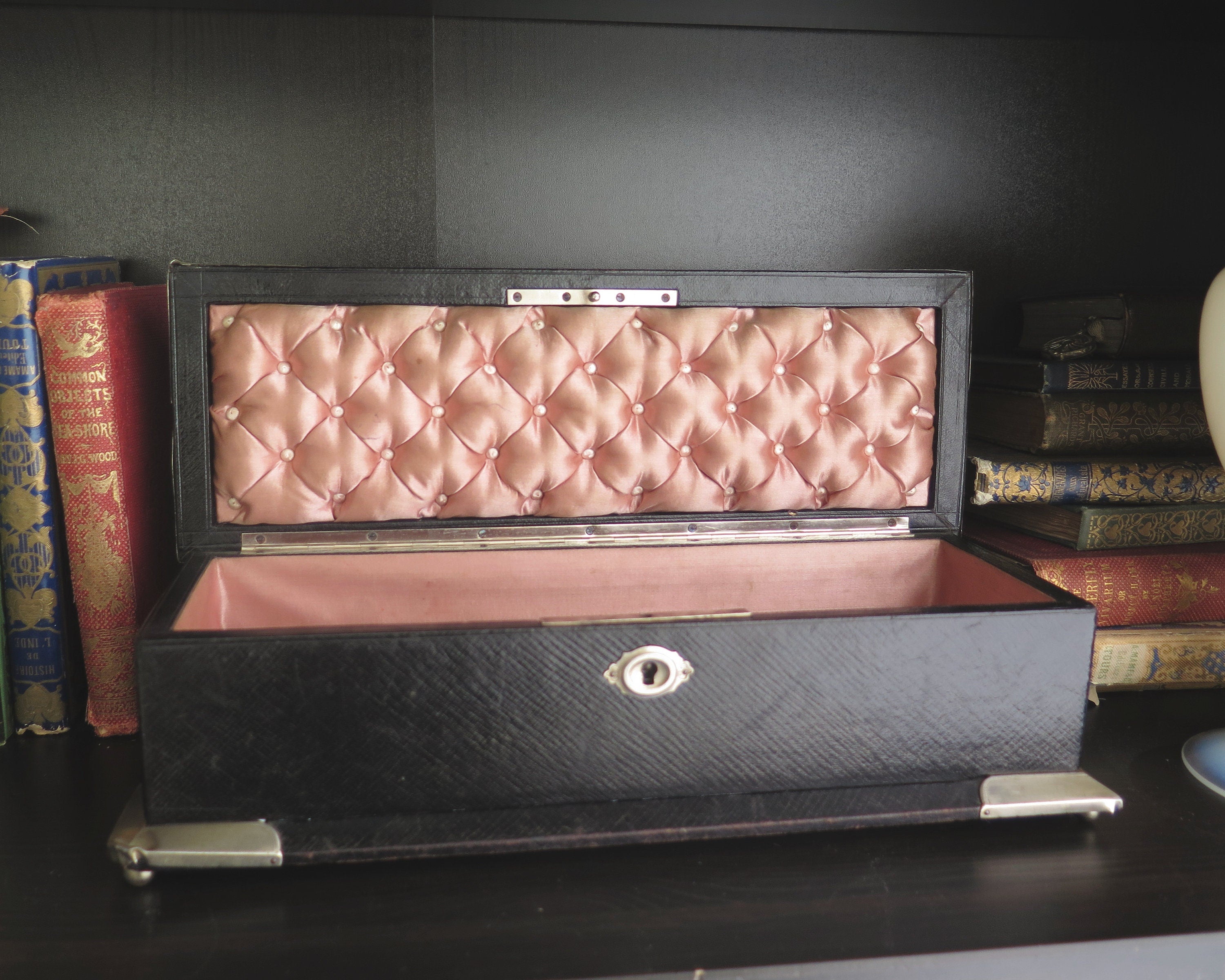 Antique Leather Box: Pink Tufted Silk Lining, Monogrammed Jewelry Storage
