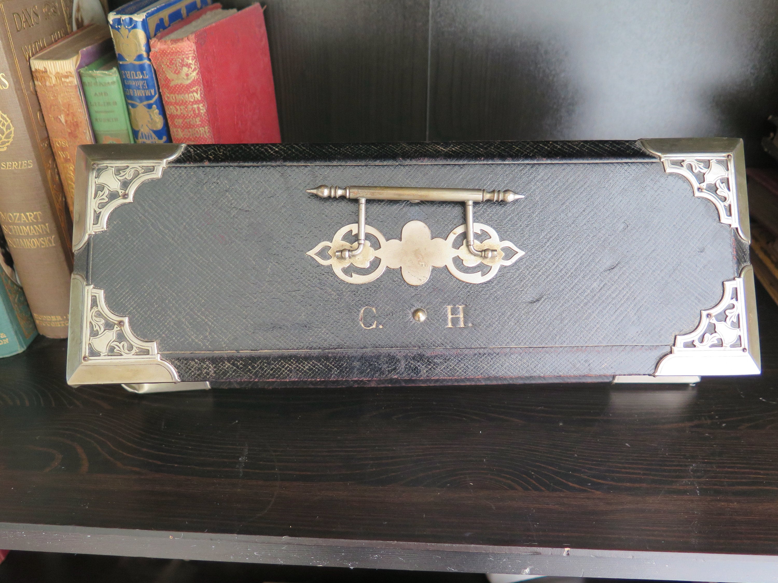 Antique Leather Box: Pink Tufted Silk Lining, Monogrammed Jewelry Storage