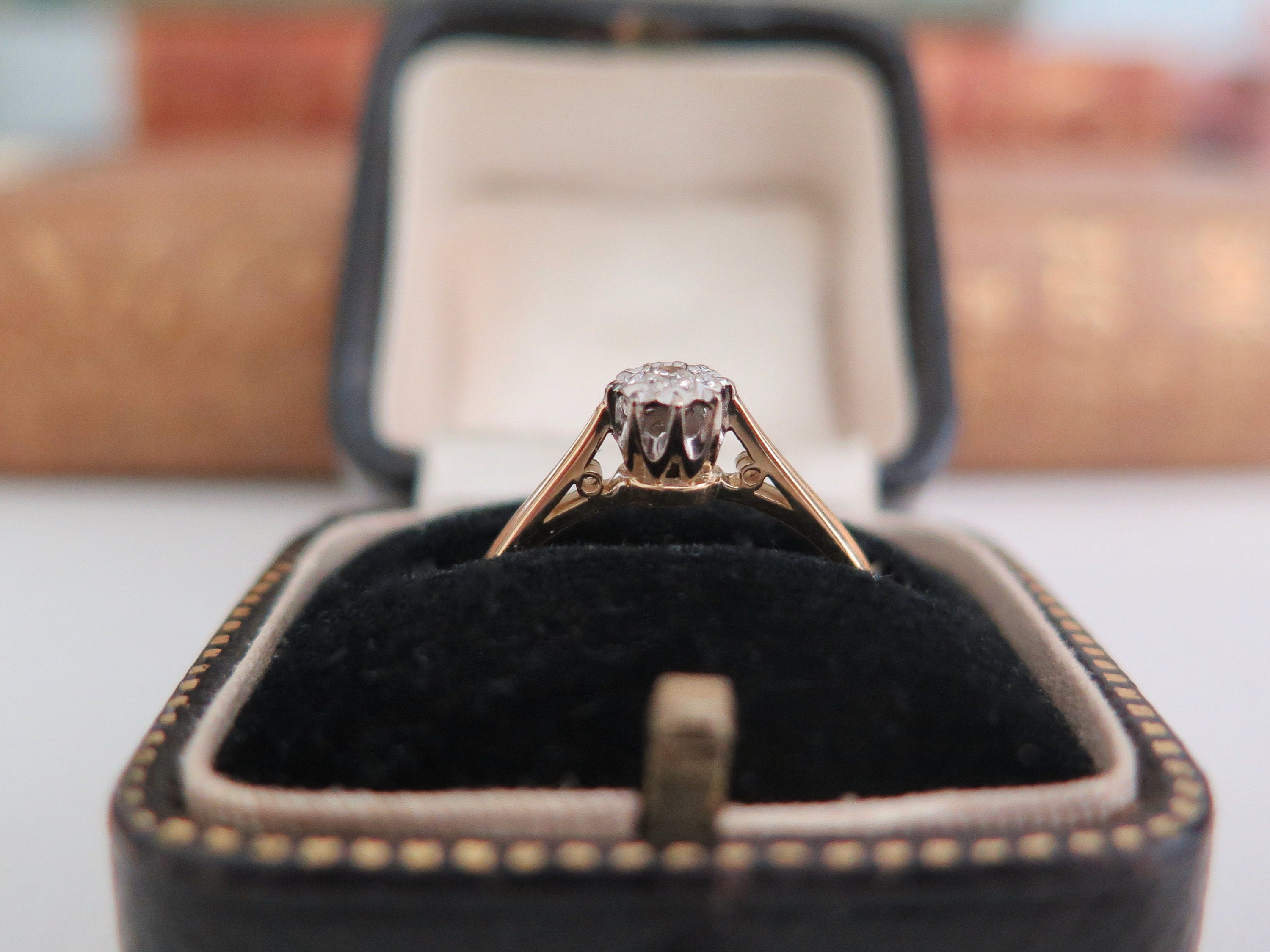 Vintage 18k Gold Diamond Solitaire Ring: Star Set Engagement Ring