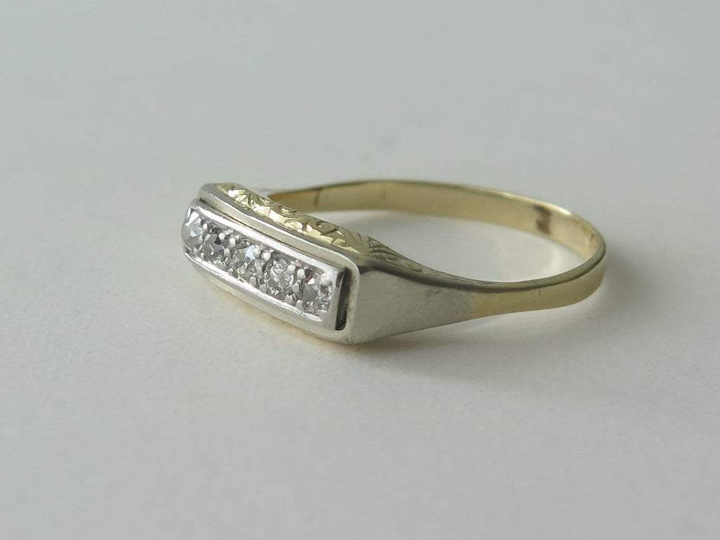 Antique Diamond Ring, 14k Gold, Mid Century Five Stone Ring