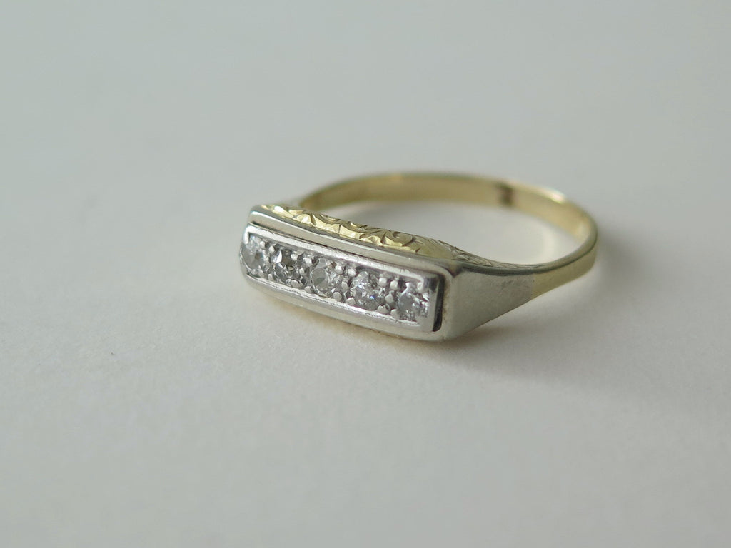 Antique Diamond Ring, 14k Gold, Mid Century Five Stone Ring