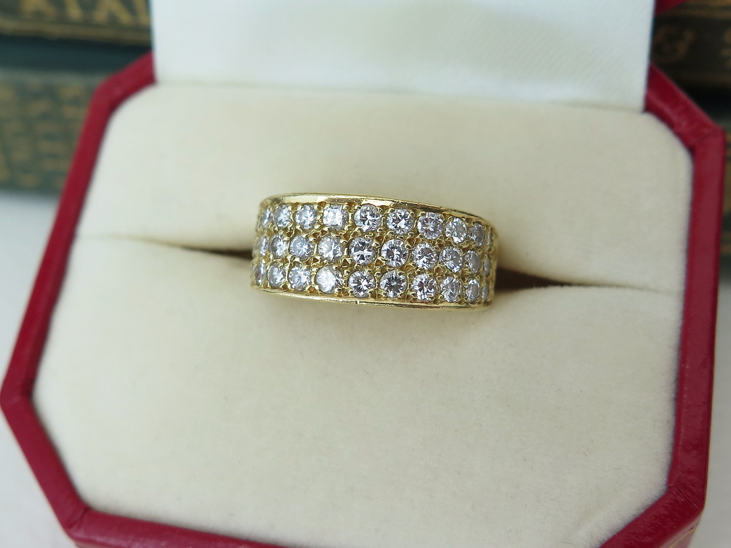 Vintage 18k Gold Diamond Band Ring: Three Row Iced Out Ring, Size 5