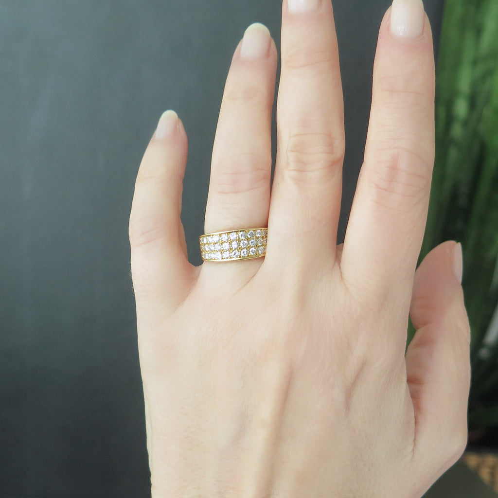 Vintage 18k Gold Diamond Band Ring: Three Row Iced Out Ring, Size 5