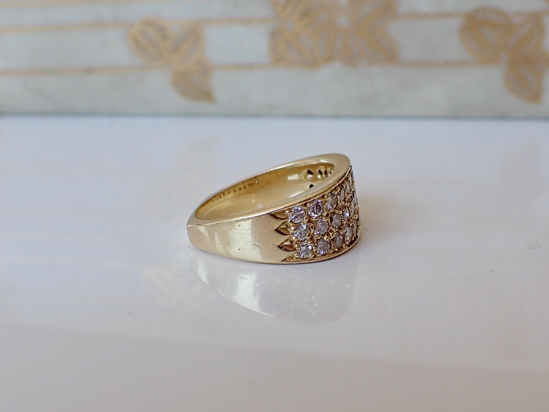 Vintage 18k Gold Diamond Band Ring: Three Row Iced Out Ring, Size 5